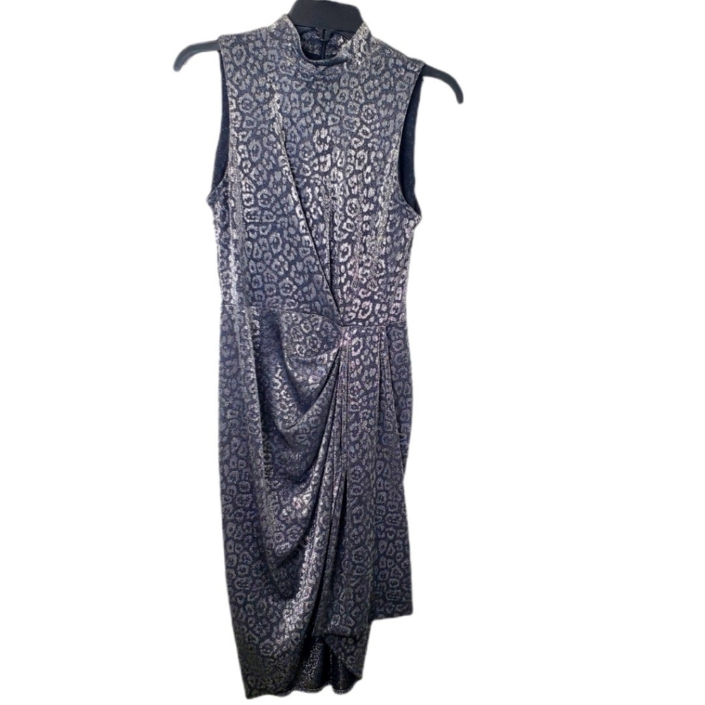 Calvin Klein Black & Silver Metallic Sleeveless Stretch Knit Leopard Print Dress